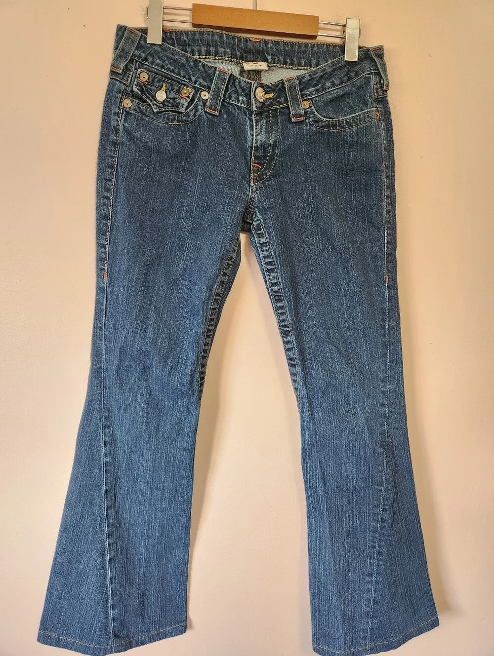 True Religion Joey Low Rise Flare Jeans Signature Stitch Size 29 Y2K USA - Picture 1 of 12